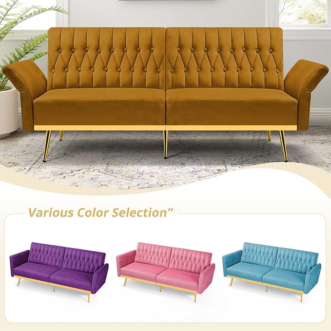 ACMEASE 70” Velvet Futon Sofa Bed with 2 Pillows and Adjustable Armrests, Convertible Sleeper Bed W/Adjustable Backrests, Modern Loveseat for Living Room, Bedroom, Ginger