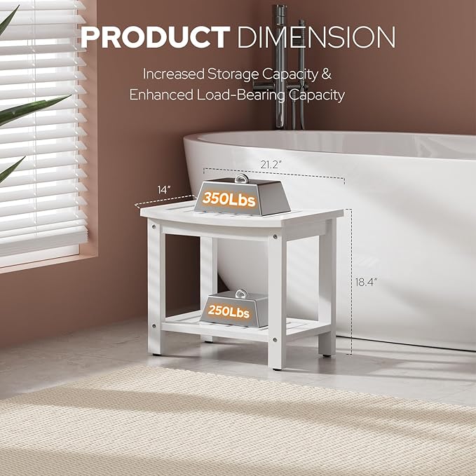 Psilvam Poly Lumber Shower Bench, Shower Stool with Storage Shelf, Shower Benches for Inside Shower Water Resistant & Non-Slip Design Shower Chair Seat for Bathroom, Living Room (White)