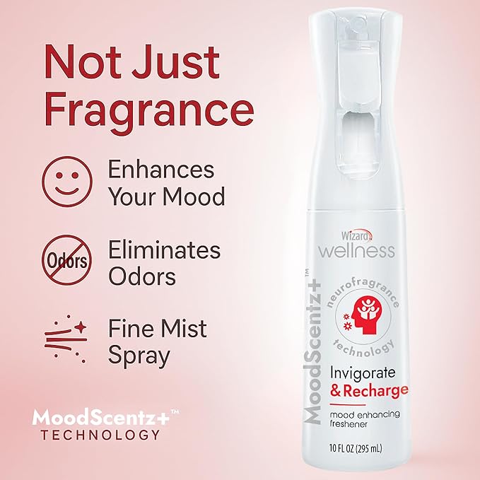 Wizard MoodScentz™ (Invigorate & Recharge) Patented Science-Backed Mood-Enhancing Room Mist, Non-Aerosol Continuous Fine-Mist Spray with Neuro-Fragrance Technology – 10 Fl Oz