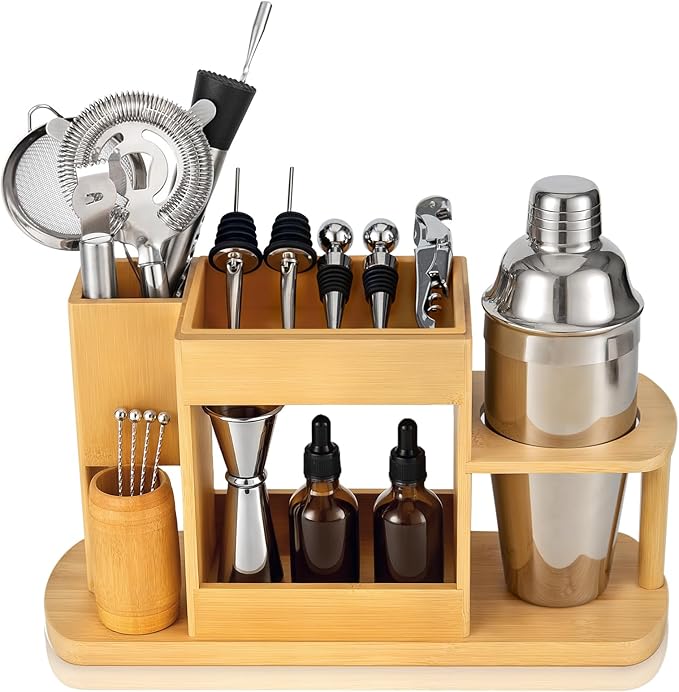 Lexenic Cocktail Making Dock, 23-Piece Cocktail Shaker Set with Freeform Bamboo Stand, Easy Access Stainless Steel Bartend...