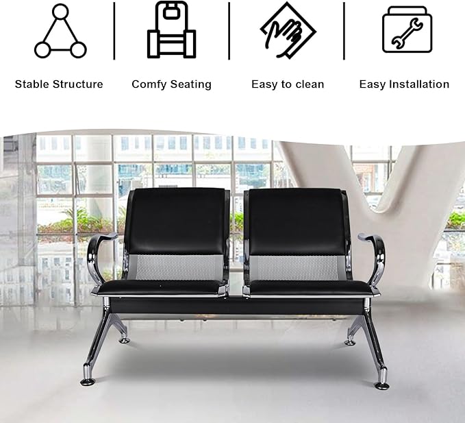 kinbor Waiting Room Chairs - Durable PU Leather Reception Bench with Armrests, 2-Seat Office Reception Guest Chairs for Office, Hospital, Airport, Bank & Lobby, Black