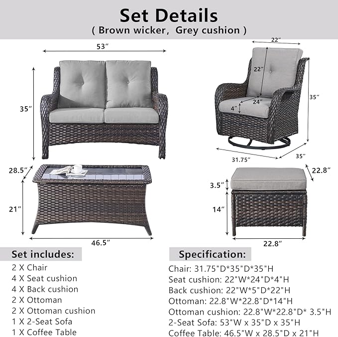 Belord Wicker Outdoor Furniture Patio Furniture Set - 6 Piece Patio Conversation Set with Swivel Rocker Chairs, Loveseat Sofa, Ottomans and Coffee Table, Gray Cushion