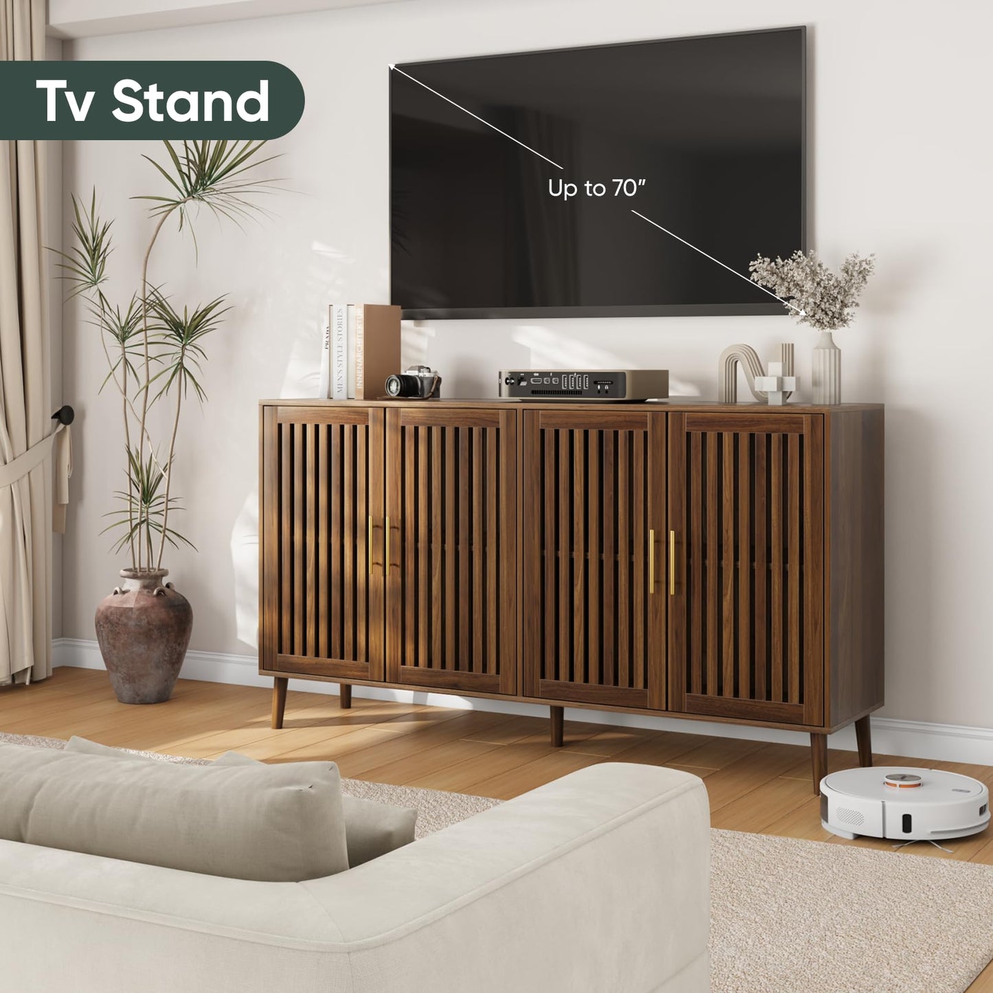 Smart FENDEE 63" Long Sideboard Buffet with 4 Louvered Doors, Farmhouse Buffet Storage Cabinet with Gold Handle, Coffee Bar Cabinet for Entryway, Kitchen, Dining Room, Living Room, Walnut Color