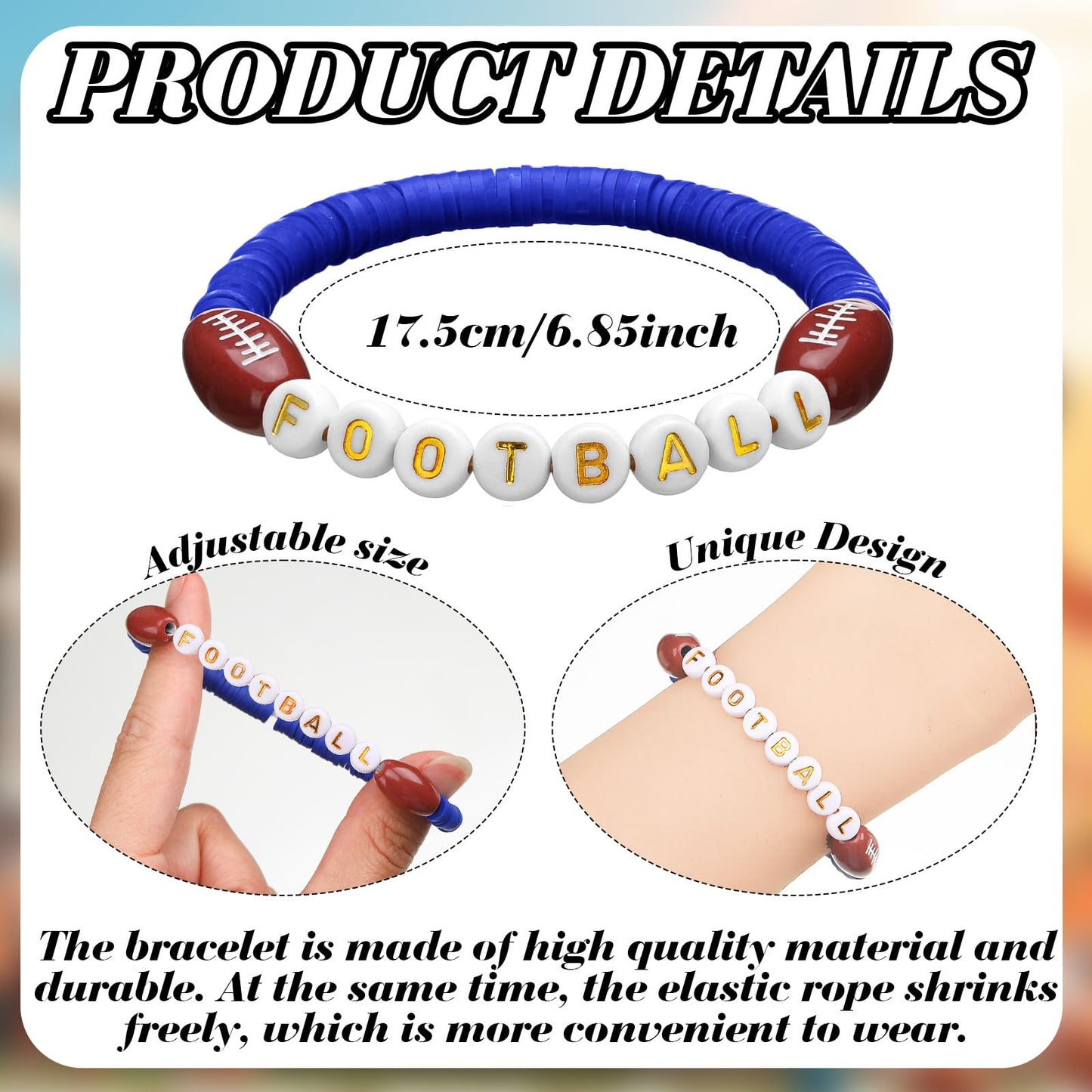 Trnayi 24 Pcs Football Bracelets Stackable Clay Beaded Bracelets Football Party Favors Beaded Ball Adjustable Clay Bracelet Jewe