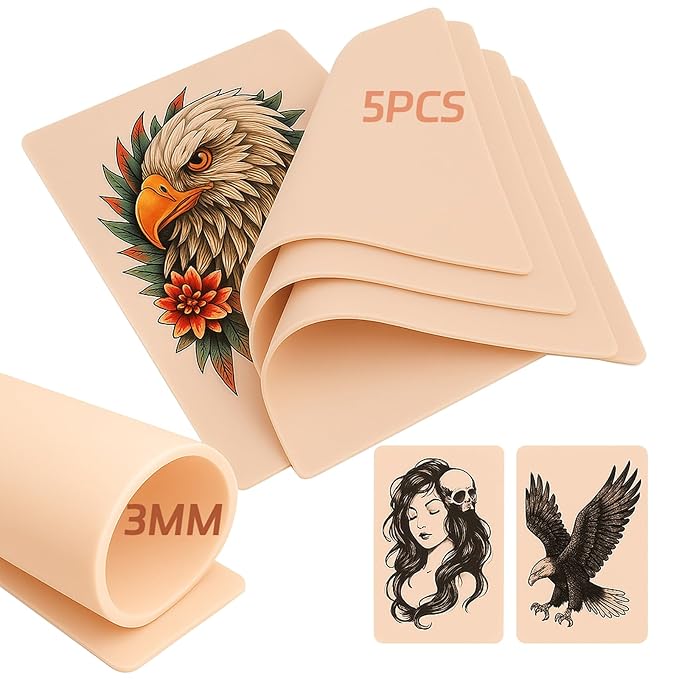 5Pcs Tattoo Practice Skin - Worldget 7.4"x5.6" Fake Skin for Tattooing, Double Sided Silicone Tattoo Skin for Beginners and Artists, Tattoo Supplies Kit