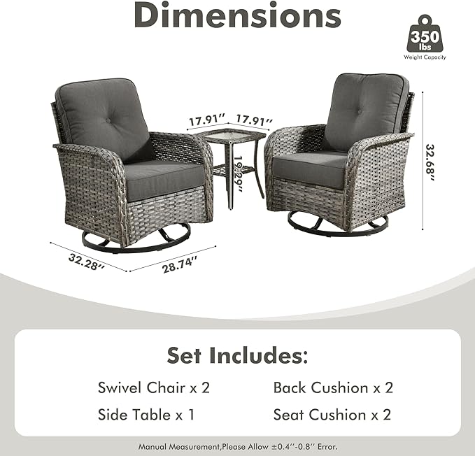 CAODOC 3-Piece Swivel Rocking Rattan Chair Outdoor, Patio Bistro Furniture Conversation Set, Wicker Chair with Coffee Table Black