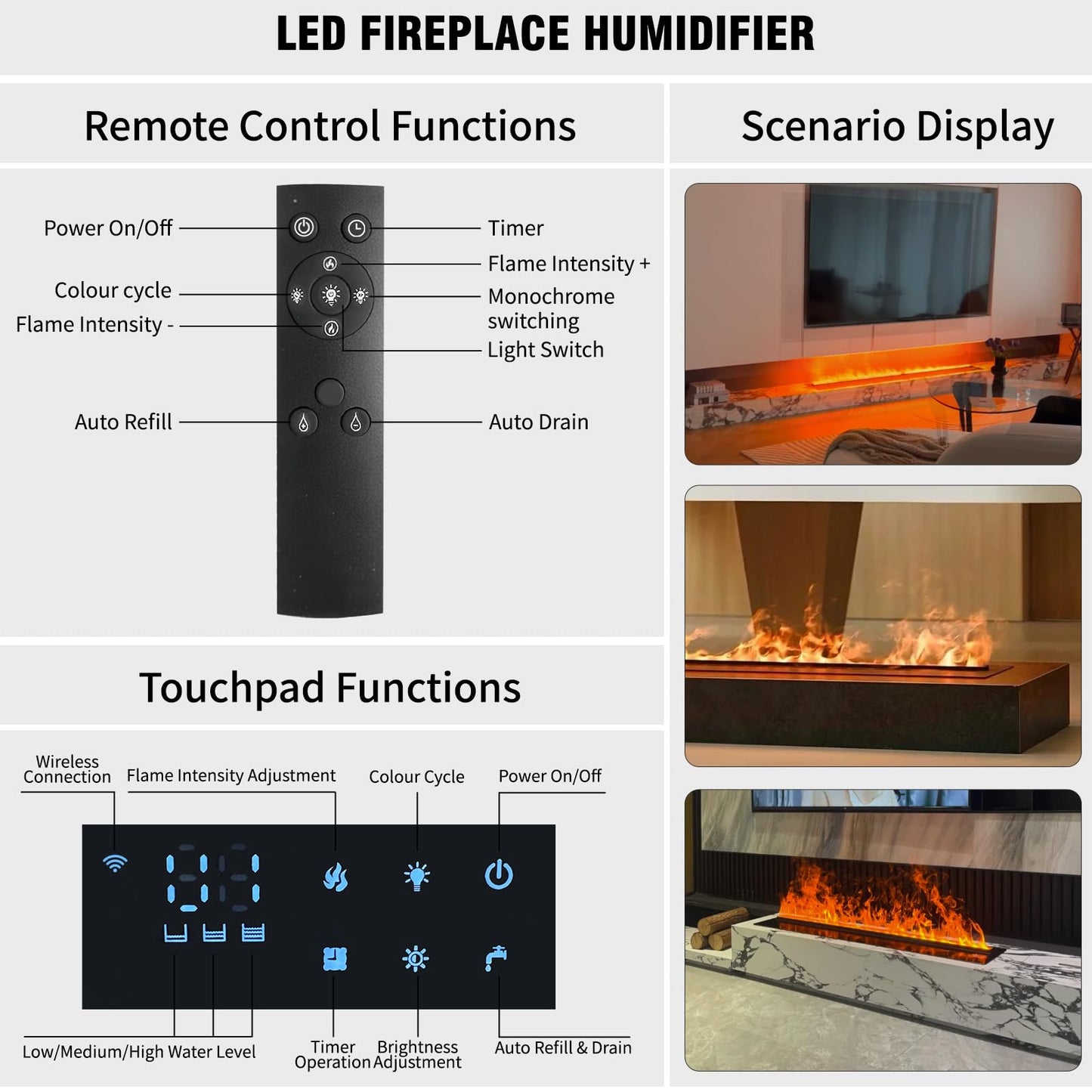 Water Vapor Fireplace Atomized Fake Fire, Recessed Electric Fireplace Humidifier Touchable Atomized Flame Equipped with Remote Control, Adjustable Flame Humidifying Atomization 27 Inch