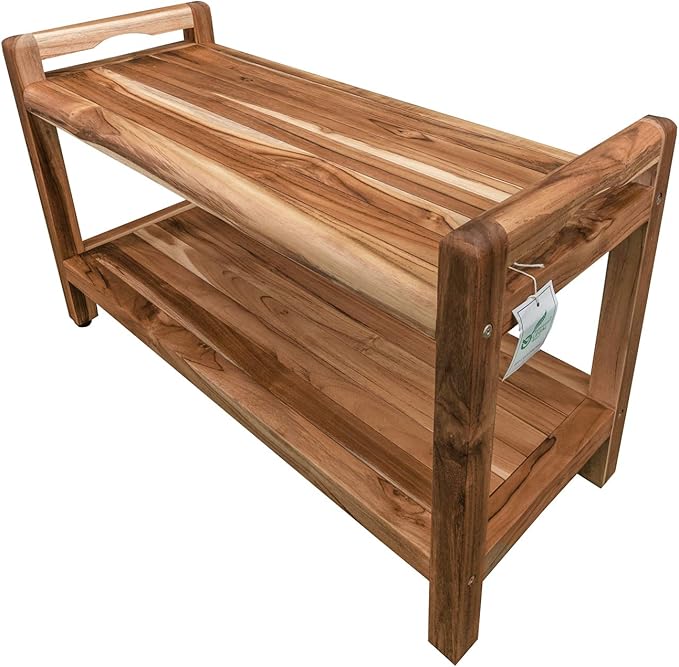 EcoDecors Eleganto 34 Inch Natural Color Waterproof Teak Wood Shower Bench Stool Seat Chair For Inside Shower Provides Safety, Storage, and Organization For Bathroom Accessories