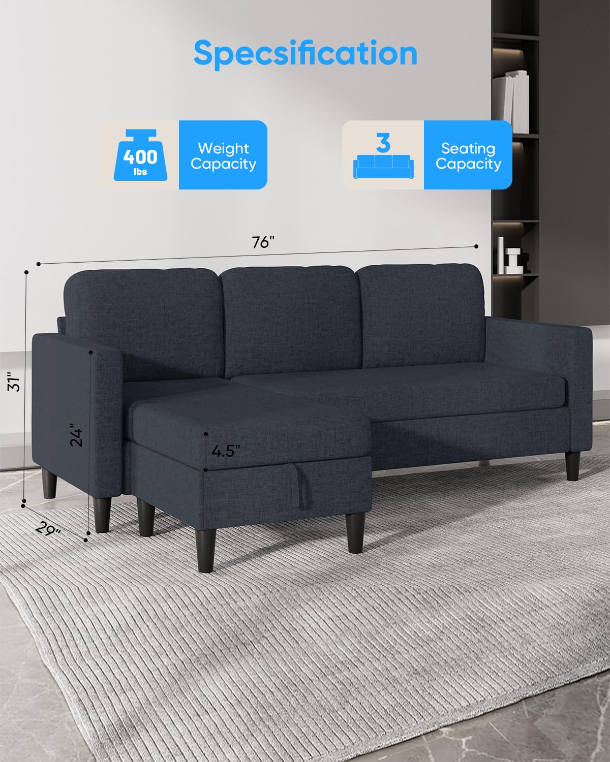ADOWORE 76 Inch L Shaped Sectional Sofa, Modern 3 Seater Couch with Storage Ottoman, Linen Convertible Sectional L Shape Couches for Living Room, Apartment and Small Space