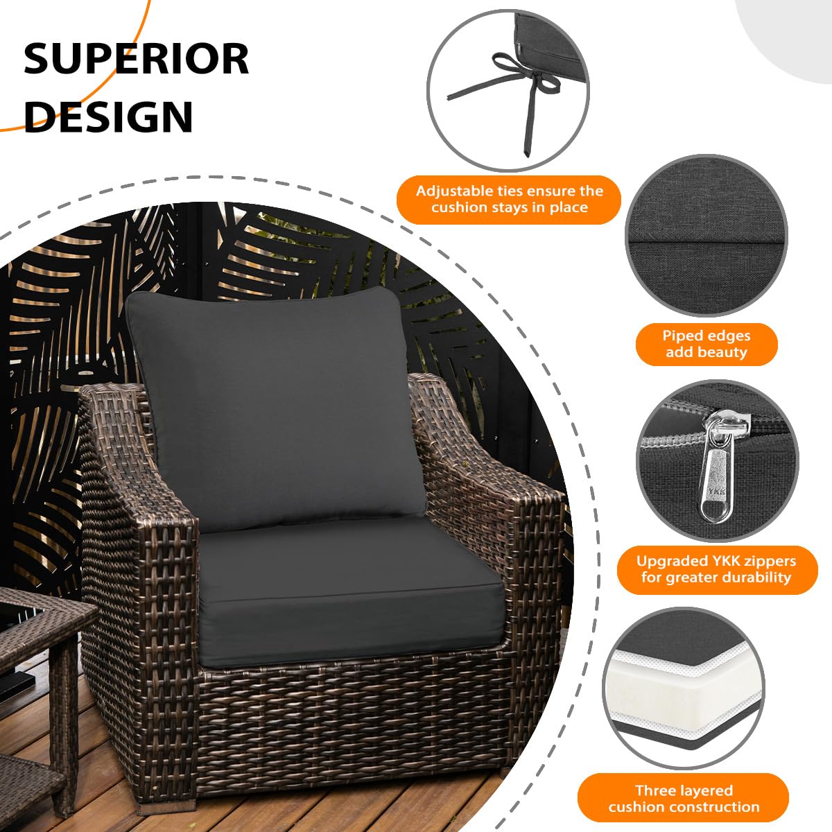 Sundale Outdoor Olefin Deep Seat Cushion Set of 2, Patio Chair Cushion and Pillow, Water-Resistant Sectional Sofa Pad with Straps Dark Gray, 23 x 26 x 6 Inches