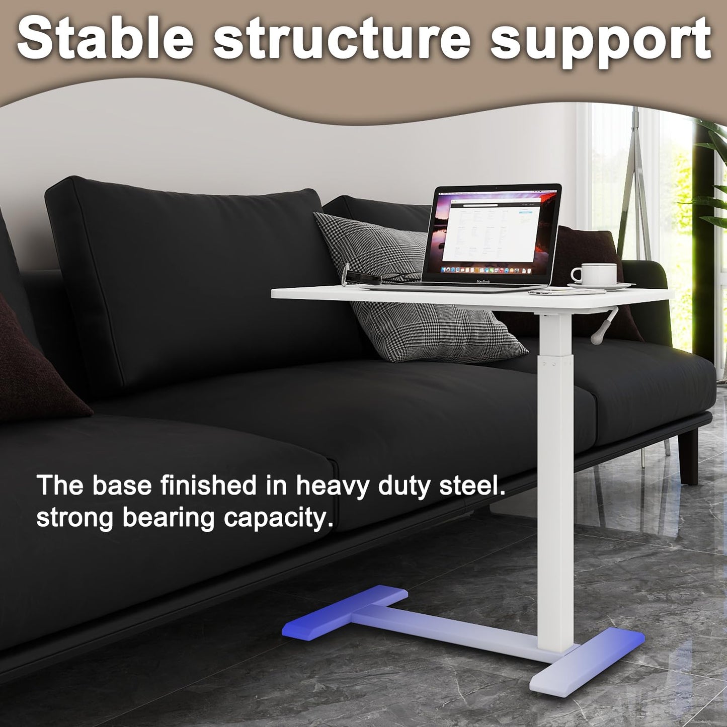 PUNCIA Medical Adjustable Overbed Bedside Table with Hidden Casters Pneumatic Mobile Standing Laptop Desk Movable Over The Bed Table Rolling Computer Cart for Hospital Home Use(26.8”Wx15.7”D White)