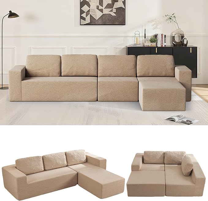 Furnify 136" Modular Sectional Couch Left/Right Facing Convertible, L-Shape Modern Teddy Sofa, Deep Seat Upholstered Foam Couch for Living Room Bedroom, No Assembly Required (Camel, Teddy Boucle)
