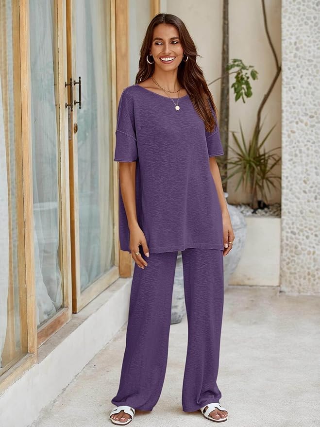 Tankaneo Women's 2 Piece Travel Outfits Casual Short Sleeve Knit Sweater Set Wide Leg Pants Lounge Sets Tracksuit