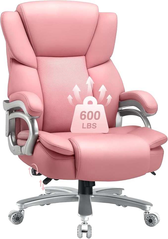 Indulgear Big and Tall Office Chair,500lbs Capacity Heavy Duty Office Chair for Heavy People, High Back Executive Computer Chair with Adjustable Lumbar Support, Quiet Rubber Wheel (Pink)