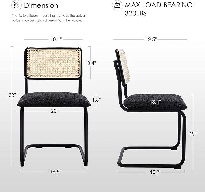 Zesthouse Natural Rattan Dining Chairs Set of 2, Modern Kitchen Chairs with Solid Wood Back for Dining Room Living Room, Mid Century Breuer Design Inspired, Upholstered Boule Fabric, Black
