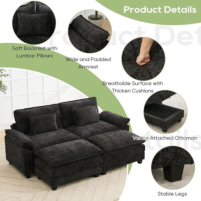 Oprisen 86" Modular Sectional Sofa, Comfy Cloud Couch Sectional Sofa with Ottoman, Chenille Sofa Sleeper Deep Seat Sofa with Throw Pillows for Living Room (Black)