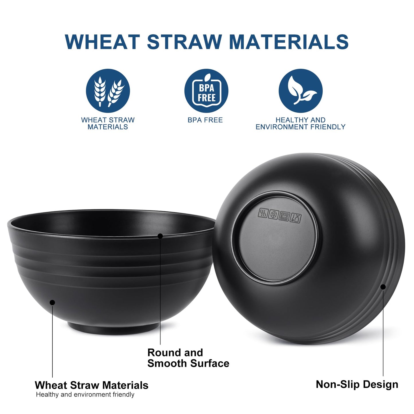 HOTEC BPA Free Unbreakable Wheat Straw Cereal Bowls - Microwave & Dishwasher Safe Soup and Salad Bowls, Set of 8, 26oz, Black