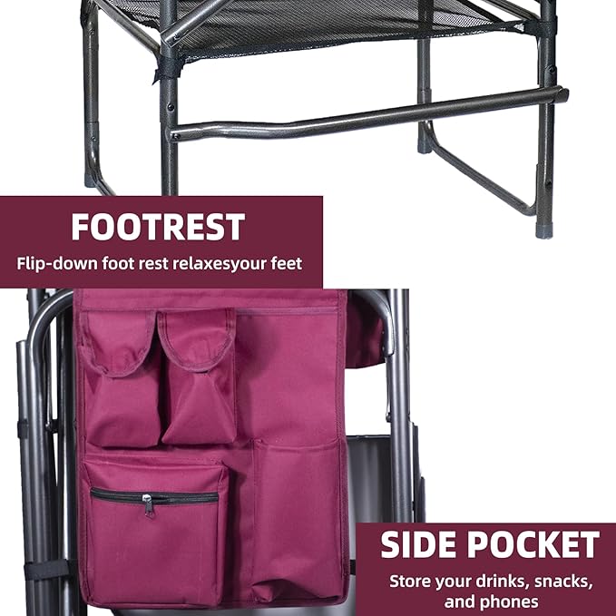 Tisetrail Tall Directors Chair 30" Seat Height, Bar Height Folding Chair with Side Table, Foldable Camping Chair with Side Pocket for Makeup Artist, Sports Event, Supports 400LBS - Wine Red/Black