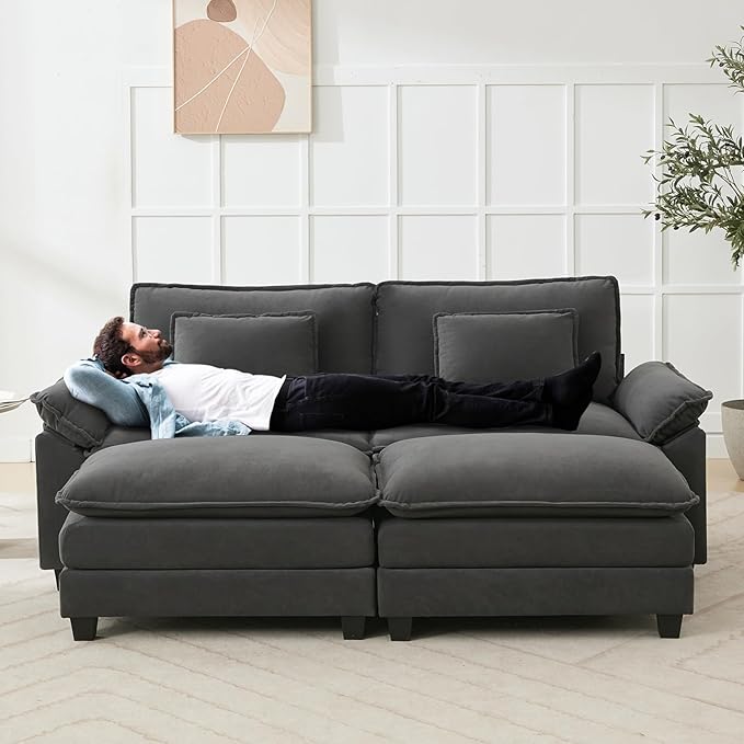 Oprisen 86" Modular Sectional Sofa, Comfy Cloud Couch Sectional Sofa with Ottoman, Velvet Sofa Sleeper Deep Seat Sofa with Throw Pillows for Living Room (Blue Grey)