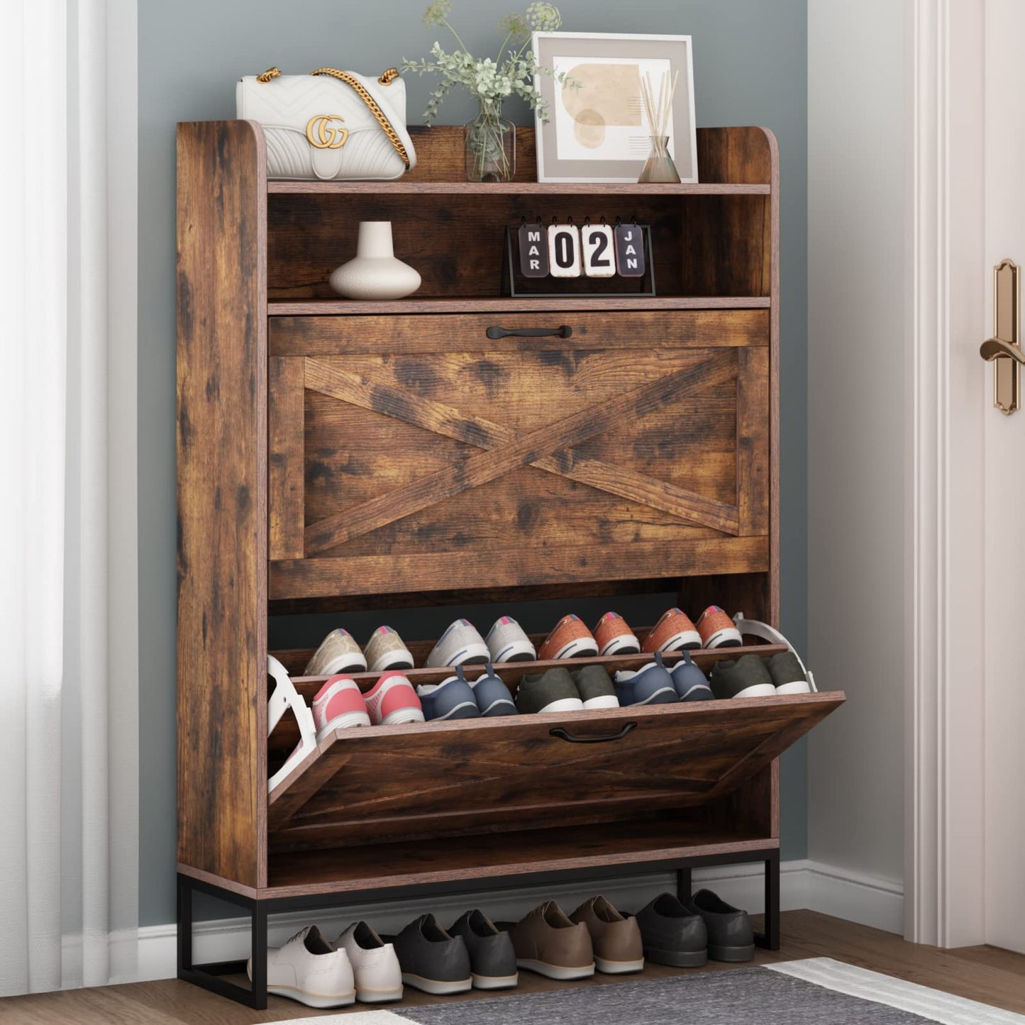 Auromie Shoe Cabinet, Freestanding Tipping Bucket Shoe Storage Cabinet with 2 Flip Drawers, Entryway Shoe Rack with Storage Top Cubby, Narrow Slim Hidden Shoe Organizer with Doors (Brown)