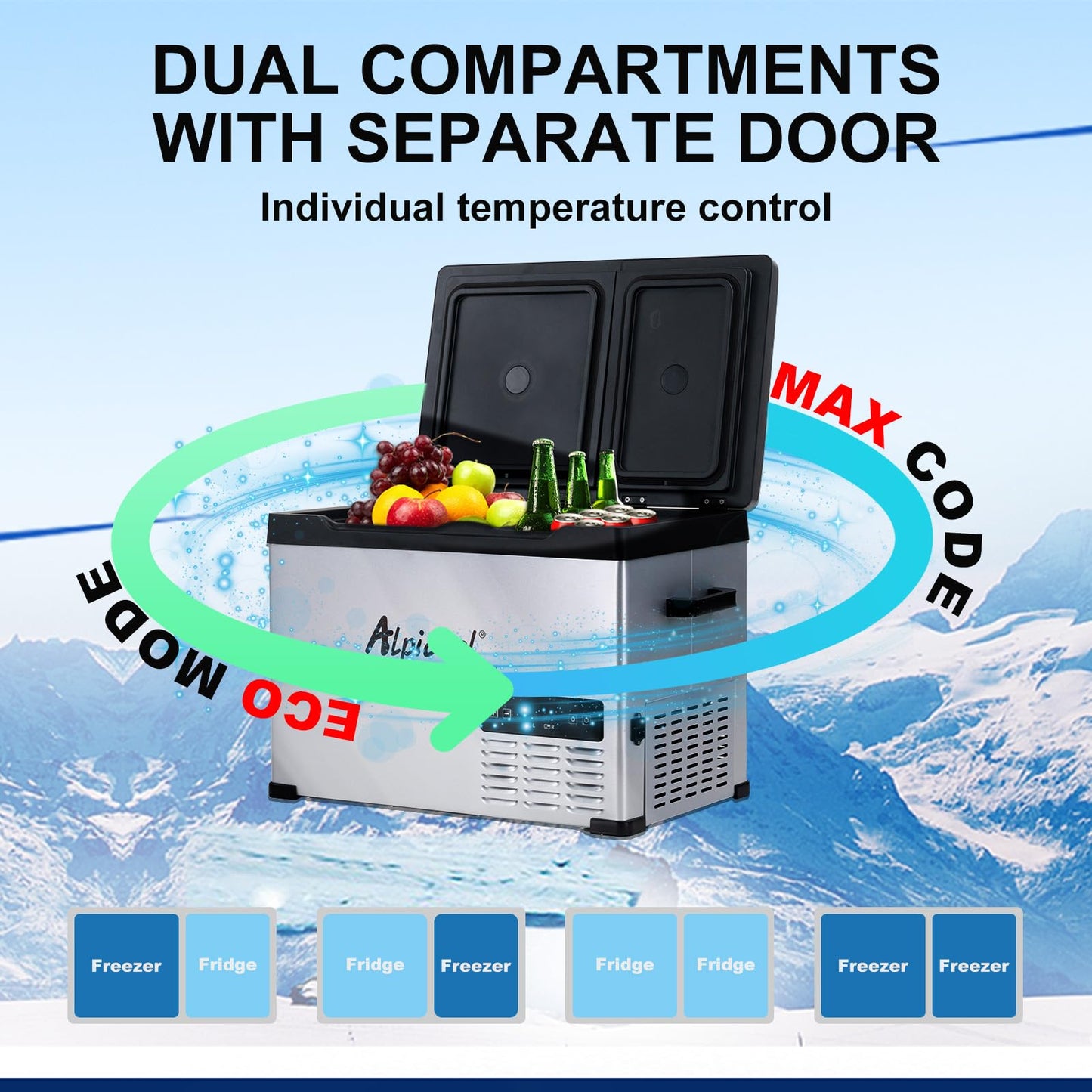 Alpicool CHS55 Dual Temperature Control 12 Volt Refrigerator 42 Quart Portable Car Fridge Freezer (-4°F~68°F) for Truck,RV,Camping and Travel