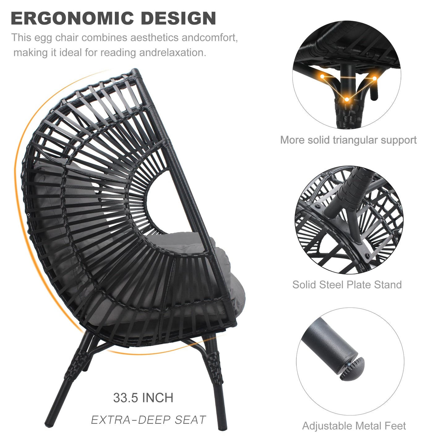 TQKVIPI Oversized Wicker Egg Chair, Outdoor Indoor Rattan Patio Egg Lounge Chairs with Cushion 500lbs Capacity for Living Room, Balcony, Backyard(Black)