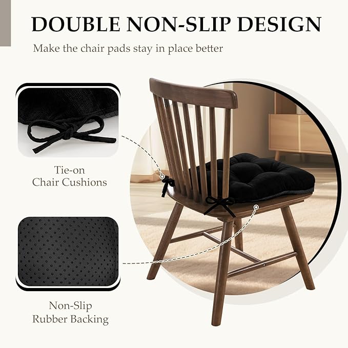 HARBOREST Chair Cushions for Dining Chairs Set of 4 - Chenille Tufted Kitchen Chair Cushions with Ties and Non-Slip Bottom, Foam Chair Pads for Dining Chairs, 17" x 17", Black