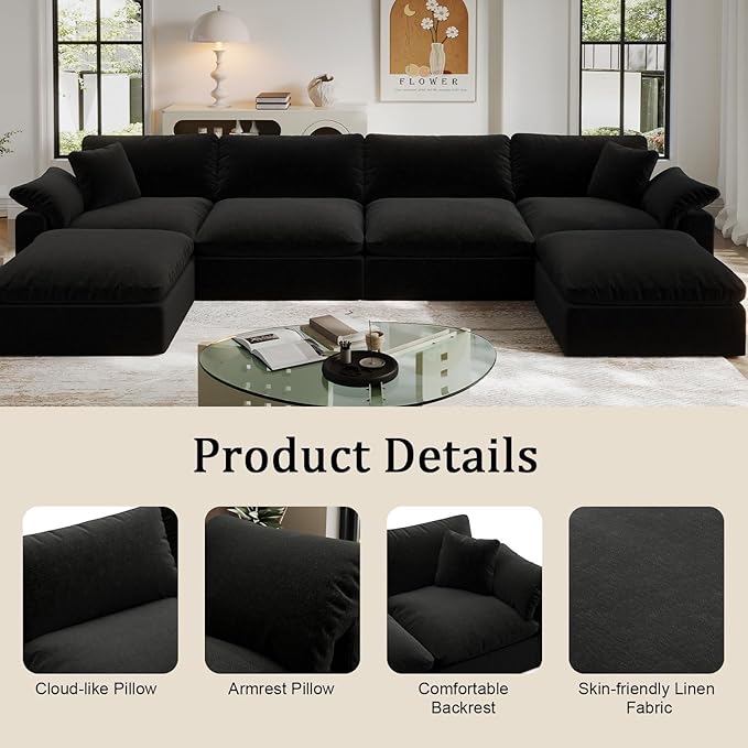 Forest aesthetics Modular Sectional Sofa Cloud Couch,78.6" Down Filled Comfy Cloud Modern Sofa,2 Seater with Black Linen Couch Cushion Covers Removable Furniture for Living Room