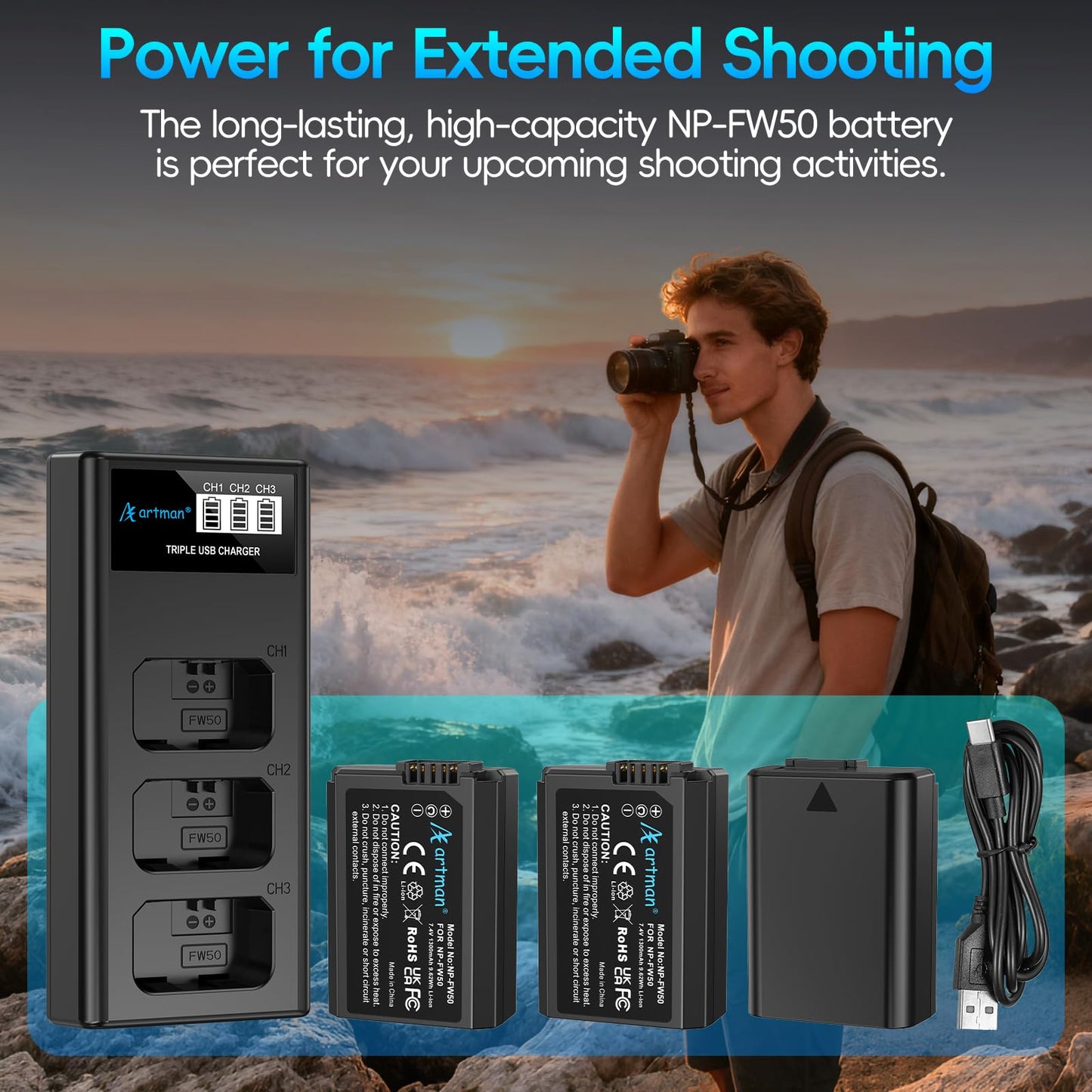 Artman NP-FW50 Battery 3-Pack and Upgraded 3-Slot ZV-E10 Battery LCD Charger for Sony ZV E10, Alpha A6500 A6400 A6300 A6000 A5100 A5000, A7S II, A7S, A7R II, A7R, A7 II, A7, RX10 II III IV Cameras