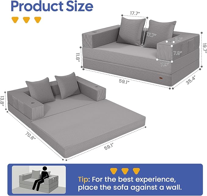 COMAX Futon Sofa Bed, 4‑in‑1 Convertible Sofa Bed, Folding Boneless Couches for Living Room, Fold Out Small Foldable Loveseat Floor Sleeper Comfy Mattress Lounge Space‑Saving, Light Grey