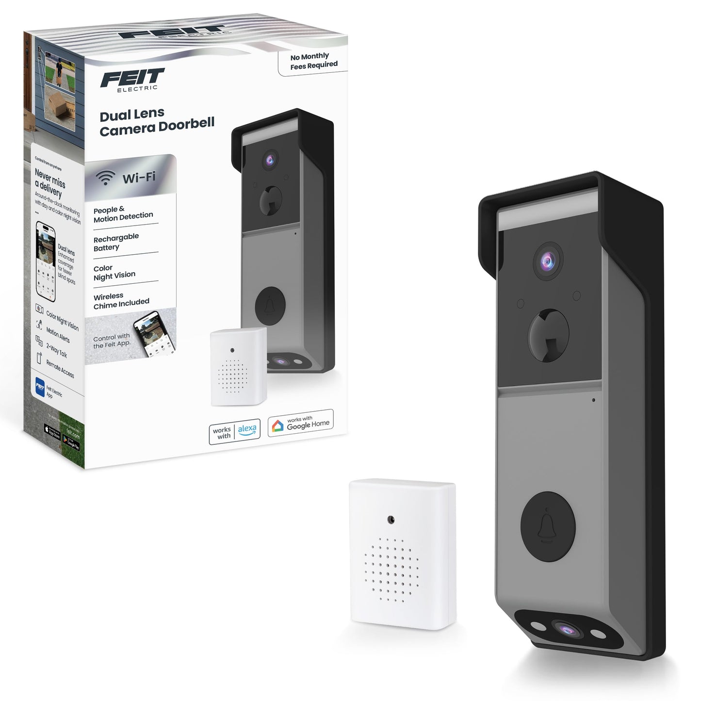 Feit Electric Smart Wireless Doorbell w/Dual-Lens 1080p HD Camera, 24/7 Local Recording, Night Vision, Voice Assistant, AI Detection for People & Packages, Includes Wireless Chime, CAM2/DOOR/WIFI/BAT