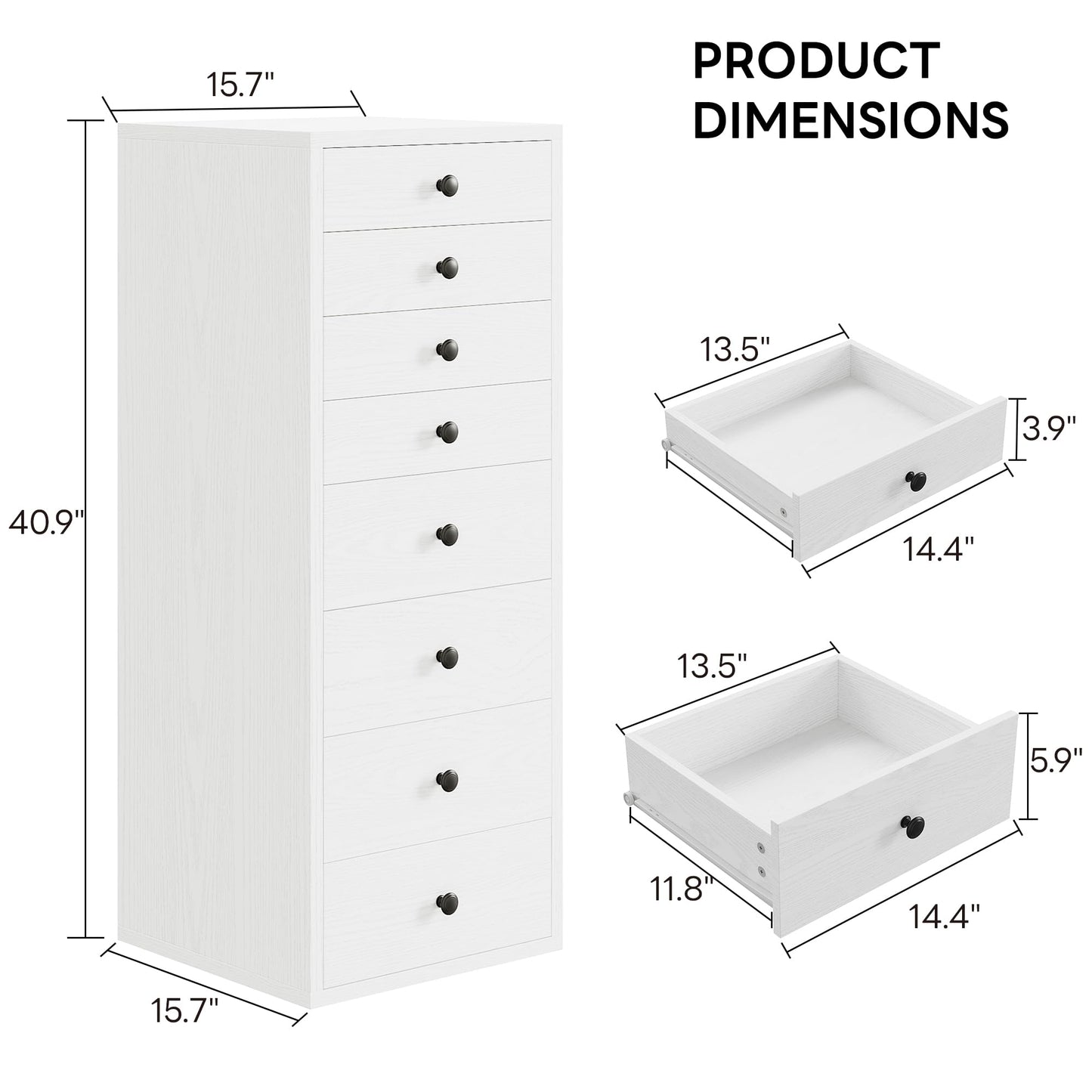 LIKIMIO 8 Drawer Dresser, Small Dressers with Storage Drawers, Chest of Drawers for Bedroom, Tall Narrow Dresser for Organizers, White