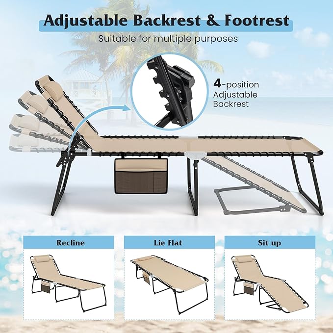 GYMAX Lounge Chair for Outside, 440lbs 27” Oversize Folding Beach Tanning Sunbath Chair with Adjustable Backrest & Removable Pillow, Lightweight Portable Patio Lounger for Lawn Poolside (Sand,2)