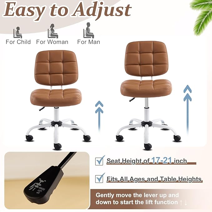 VINGLI Compact Small Desk Chair, Cute Armless Chair with Wheels, Vanity Chair with Low Back, Height Adjustable Task Chair for Small Spaces, Office, Bedroom, Make Up Room, PU Leather, Brown