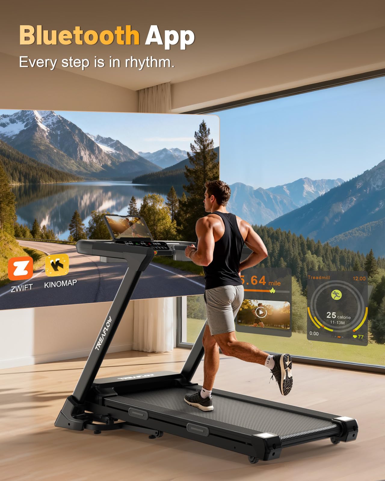 TREAFLOW Treadmill with 0-25% Auto Incline, 3.5 HP Folding for Home Running, 10.0 MPH Max Speed, 300 lbs Weight Capacity, Bluetooth Speaker. (Black)