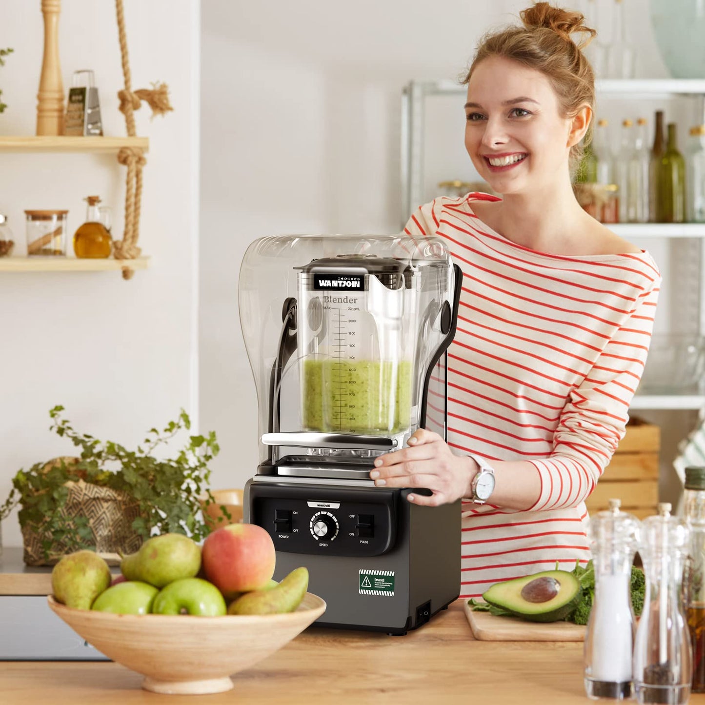 Wantjoin Commercial Quiet Blender for Kitchen, Smoothie Protein Shake Licuadora, Countertop Professional Electric Food Machine for Puree, Milkshake, Juice, Drink and Ice with Silent Cover 2200ml 1800W