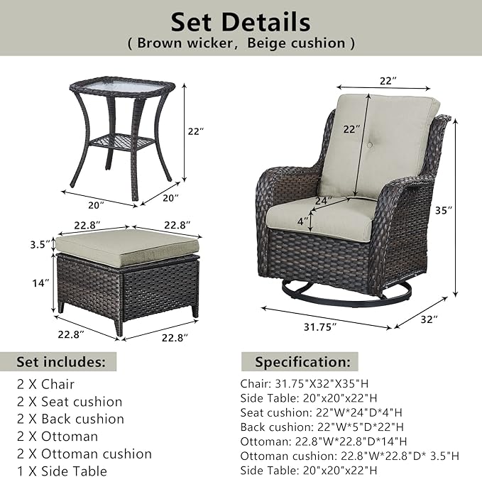 Belord 5 Pieces Patio Furniture Sets Wicker Outdoor Furniture, Rattan Patio Swivel Glider Chairs with 2 Ottoman and Glass Side Table