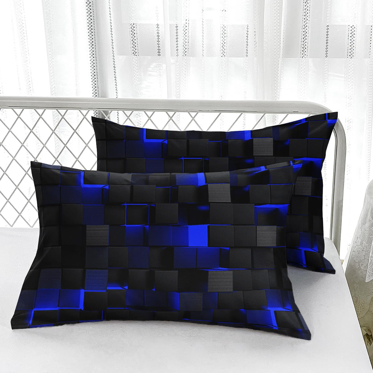 Nttopship Geometric Blue Black Comforter Set,Light Honeycomb 3 Piece Bedding Set Queen Size for Teen Boys,Modern Quilt Set Geometry Decor,Microfiber Lightweight 1 Comforter 2 Pillowcases All Season