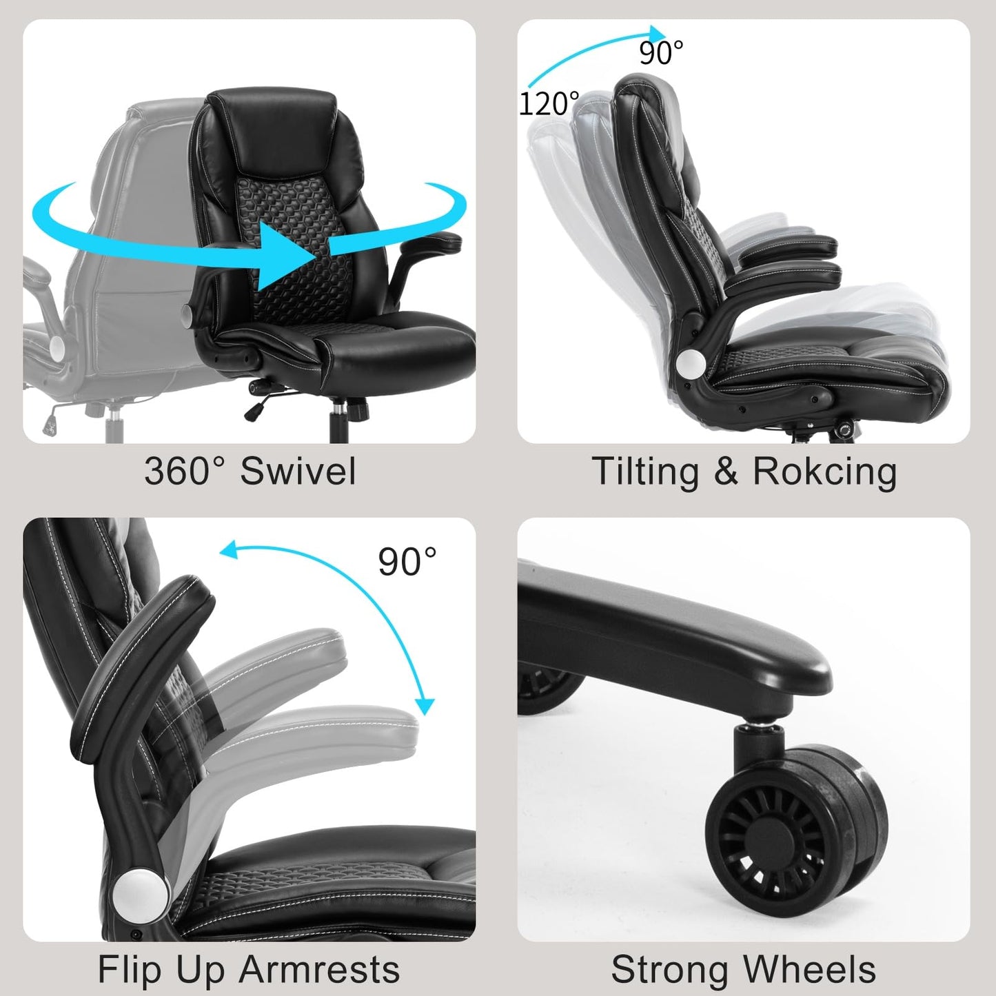 Big and Tall Ergonomic Office Chair, Executive Office Chair with Flip-up Arms, PU Leather Computer Desk Chair, Adjustable Lumbar Support Heavy Duty Space Saving Task Chair