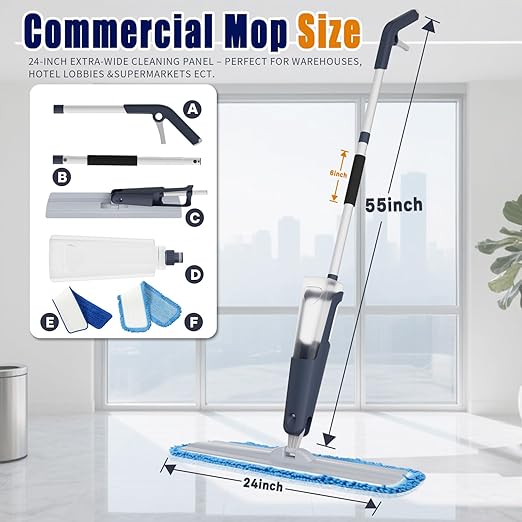 24" Dry mops for Floor Cleaning, Microfiber mop Spray System, Commercial Heavy-Duty Wet mops with 28oz Big Tank, 2 Washable Pads, Restaurant, Lobby, Pool, Factory, Office, Warehouse, Concert, Library