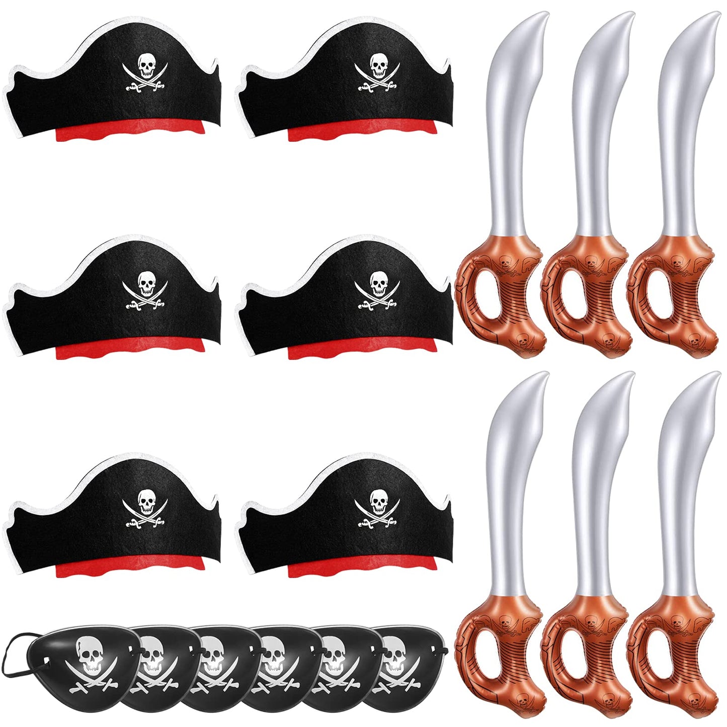 Legigo 18 Pcs Funny Pirate Party Set- Include 6 Pirate Hats, 6 Eye Patches, 6 Inflatable Swords for Pirate Party Cosplay Caribbean Dress Accessories