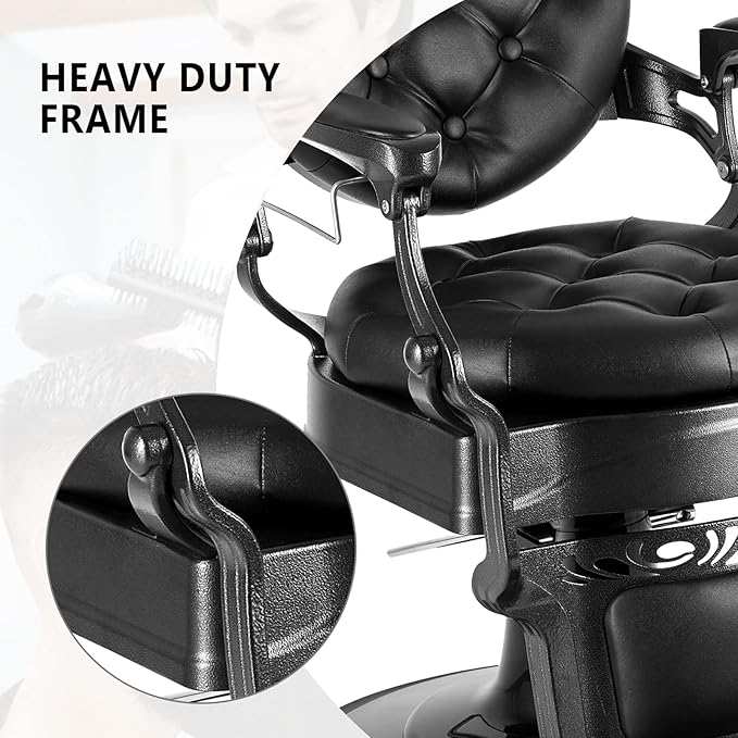 OmySalon Vintage Barber Chair All Purpose Heavy Duty, Hydraulic Recline Salon Beauty Styling Chair Retro Black, 360 Degree Swivel for Hair Stylist Tattoo, Round Base, Tufted Button