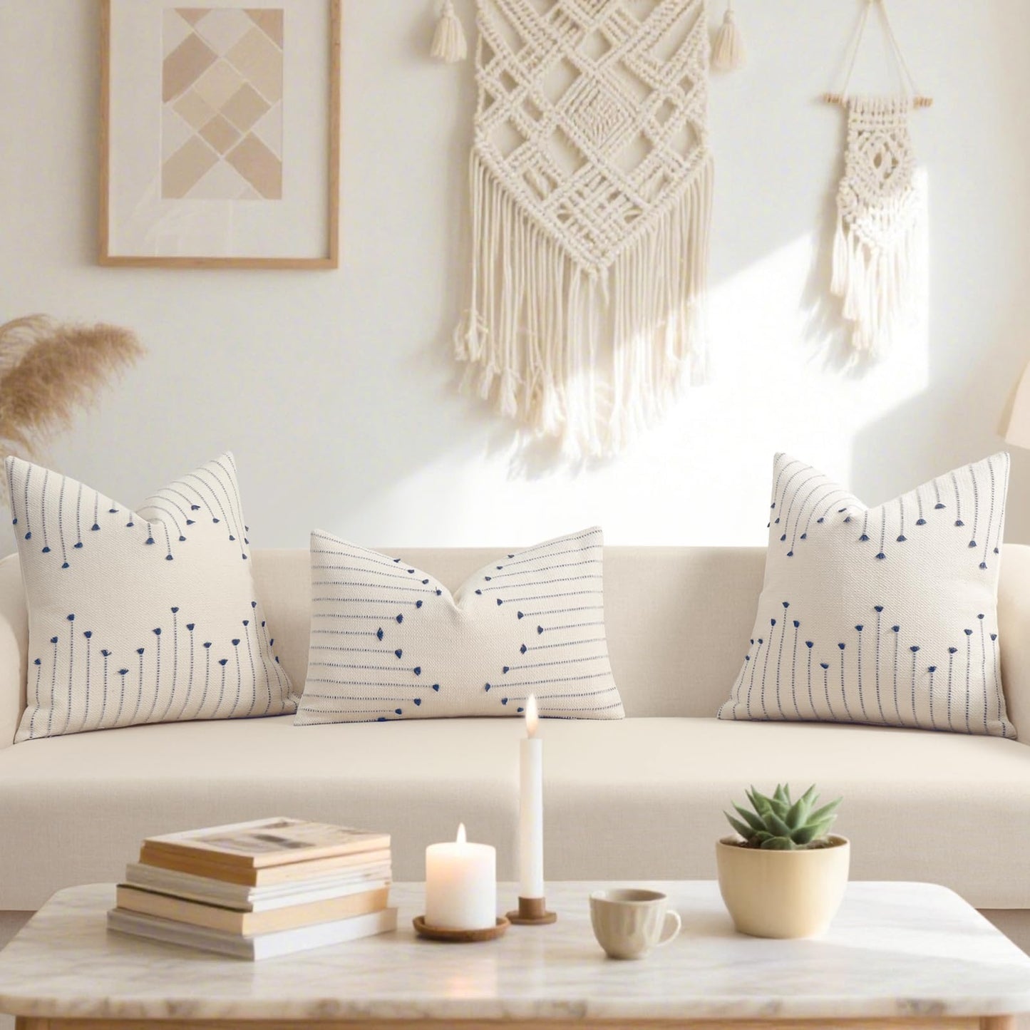 Boho Throw Pillow Covers 18x18 Set of 2 Neutral Woven Decorative Pillowcases Cotton Tufted Couch Pillows Modern Farmhouse Accent Cushion Covers for Sofa Couch Bed Living Room Home Decor, Navy Blue
