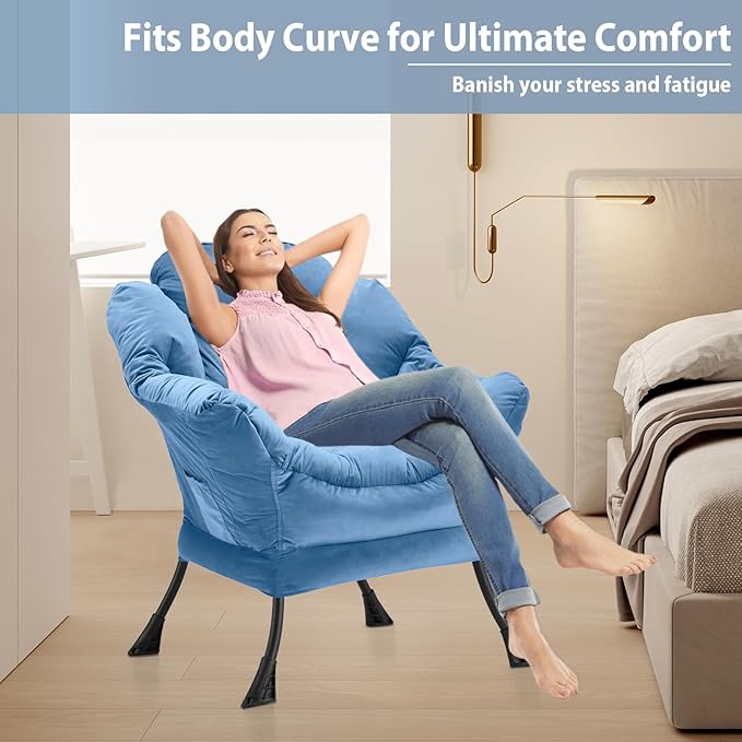 Youtanic Lazy Chair Thick Padded, Comfy Velvet Accent Lounge Chair with Stable Frame, Leisure Sofa Armchair with Armrests and Side Pocket, Reading Chair for Bedroom, Living Room, Office, Light Blue
