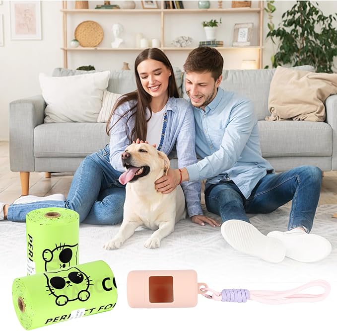 Dog Poop Bags with Dispenser & Holder, Guaranteed Leak Proof, Unscented Extra Thick Heavy Duty Tear-resistant 18-Micron Waste Bag Refill Rolls (Pink (105-Bags, 1-Dispenser))