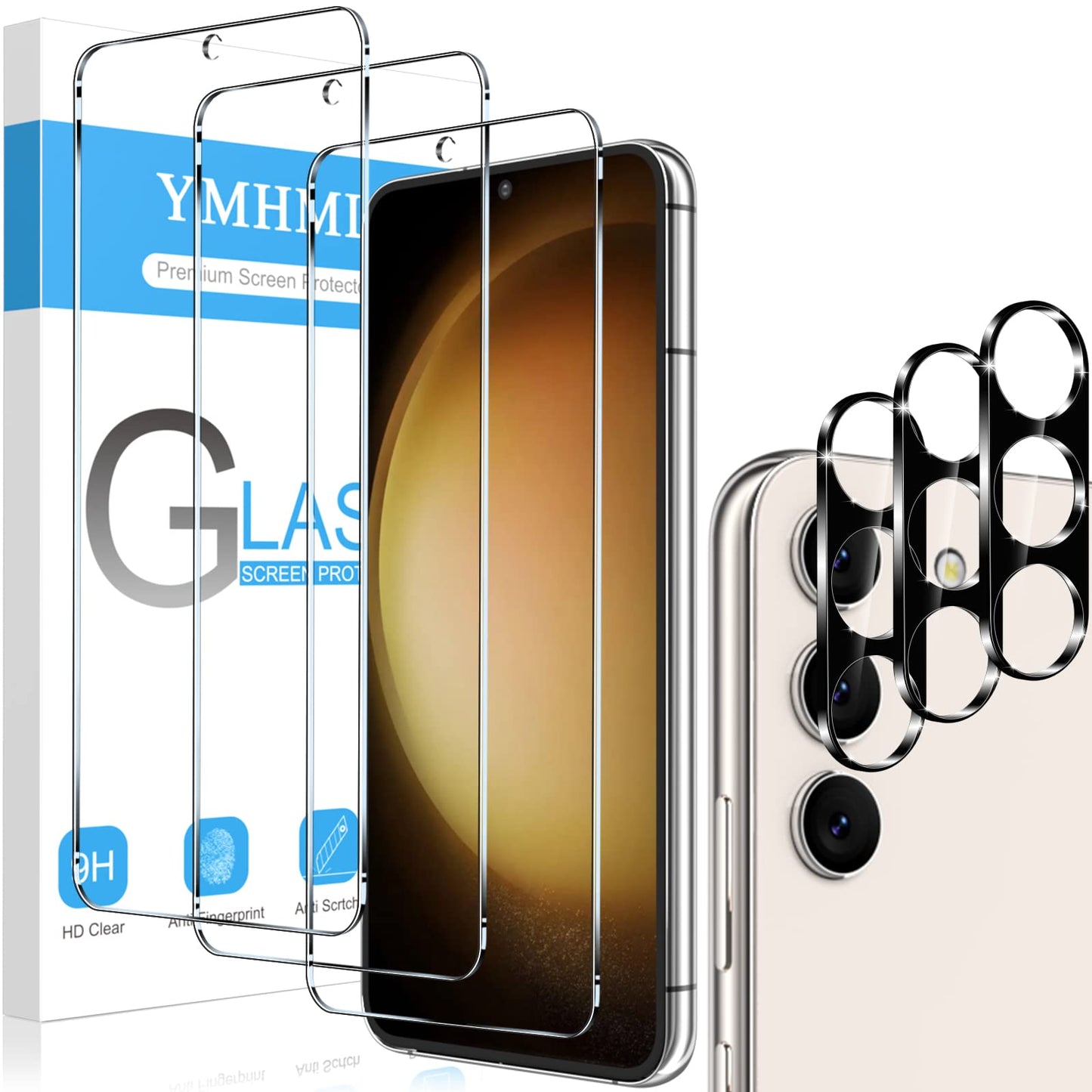 YMHML 3 Pack for Samsung Galaxy S23 Screen Protector Tempered Glass Upgrade Fingerprint Unlock Compatible for 3 Pack Camera Lens Protector, HD Clear Case Friendly Full Screen Protector for Galaxy S23 -Like New