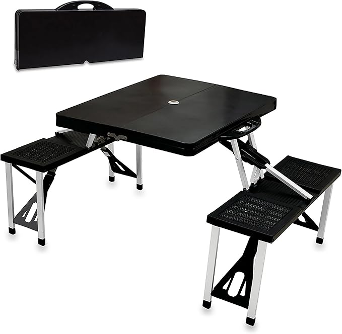 Picnic TIME Portable Folding Picnic Table with Seats for 4, Collapsible Aluminum Table with Benches & Umbrella Hole, Light...