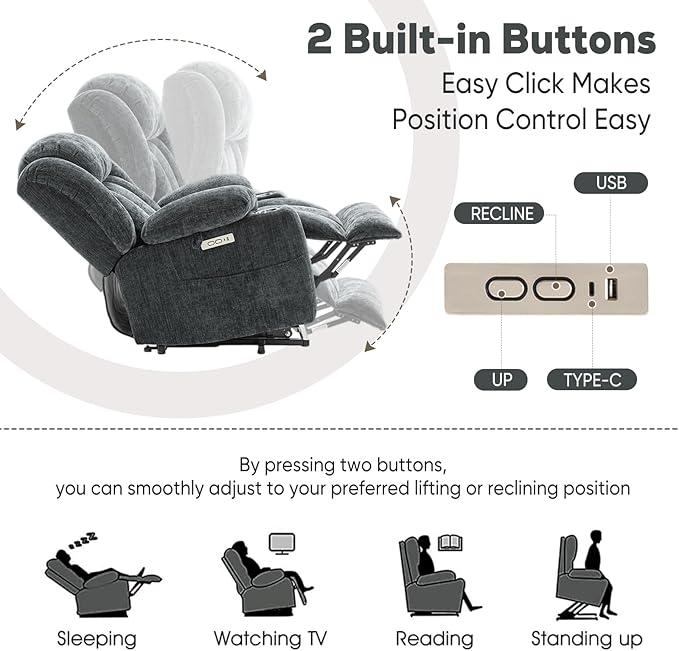 ABCASA Large Power Lift Chairs Recliners for Elderly Set of 2 with Heated and Massage, Upgraded Chenille Lift Chairs Recliners, USB-A and USB-C, Cup Holder, Side Pocket, Grey Blue
