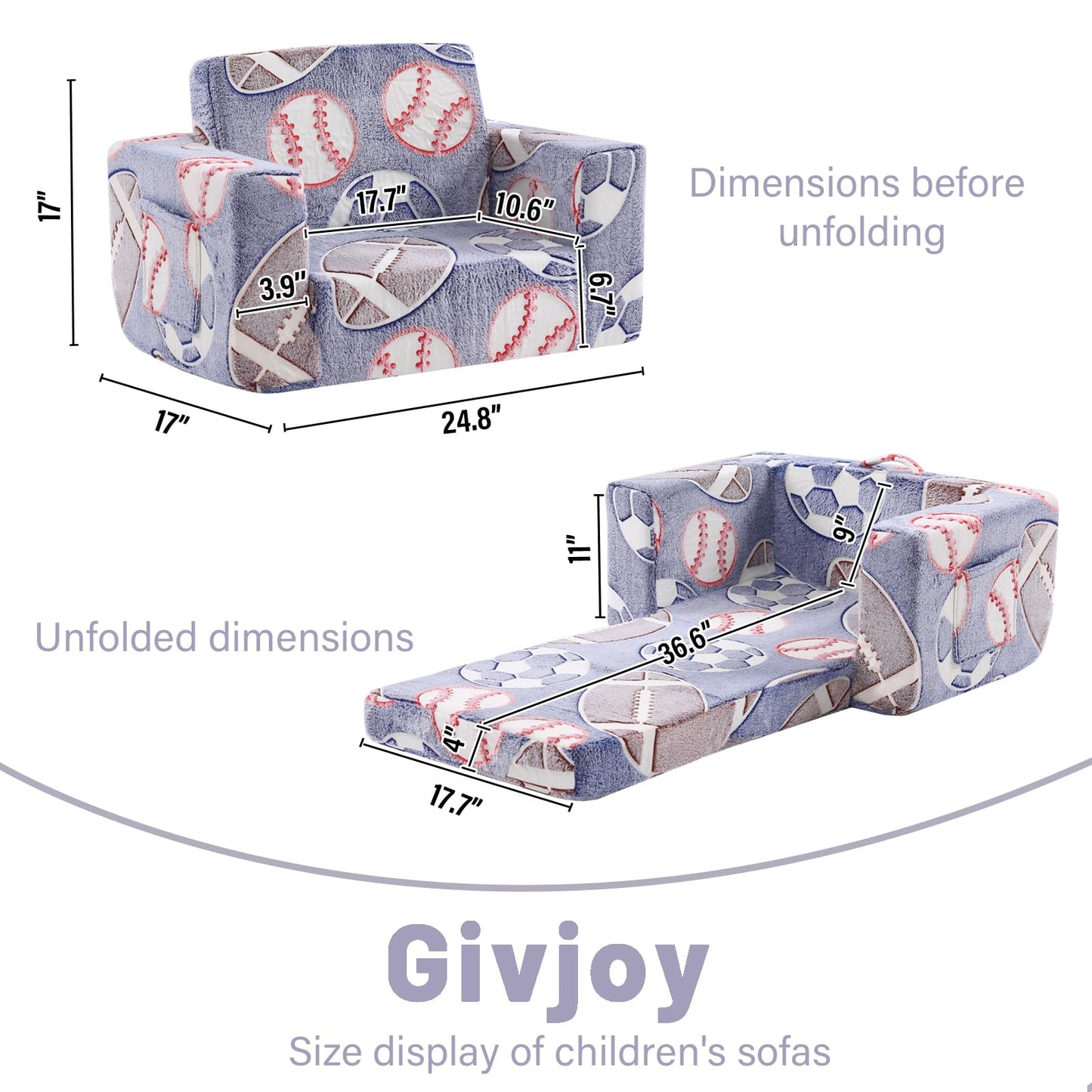 Givjoy Toddler Chair Kids Couch, 2-in-1 Toddler Soft Sherpa Couch Fold Out Armchair Glow in The Dark with Removable Cover, Convertible Reading Chair Toddler Sofa for Kids, Football