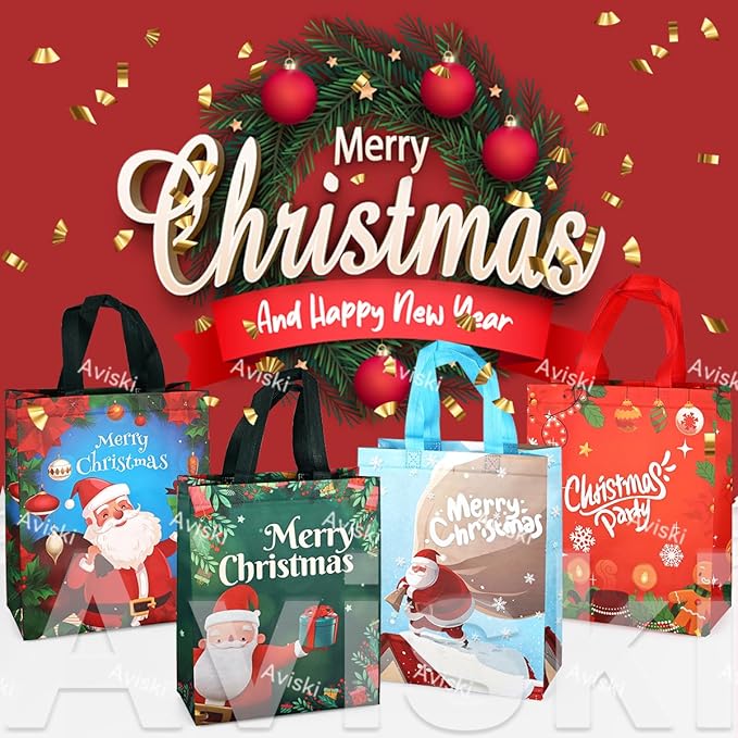 4PCS Christmas Gift Bags, Multifunctional Treat Non woven Christmas Bags with Handles for Gifts Wrapping Shopping, Xmas Party Supplies